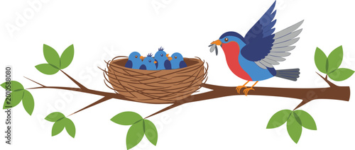 Tableau sur toile Mother Bird Feeding Baby Chicks in Nest on Tree Branch with Green Leaves in a Cu