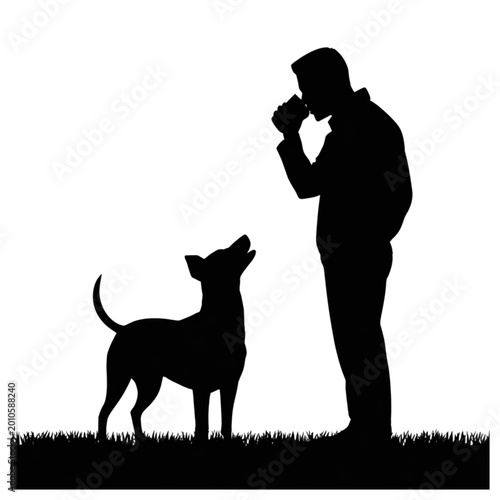 Obraz na płótnie Silhouette of man drinking coffee while standing on grass with his faithful dog,