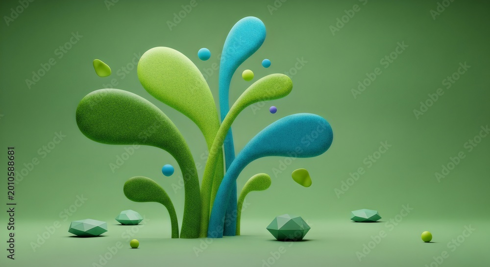 Fototapeta premium A beautiful nature background of green plants and grass in the water under a blue sky, decorated with spring flowers, summer leaves, and a colorful butterfly