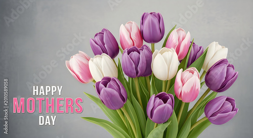 Happy mothers day card with colorful tulips bouquet