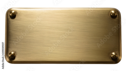 Fotografía Brushed brass rectangular plaque with rounded corners and four brass rivets, iso
