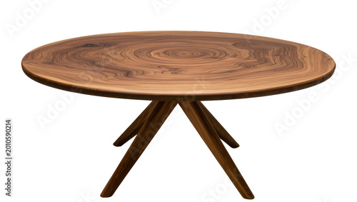 Tableau sur toile Round live edge walnut wood coffee table with angled legs, isolated on transpare