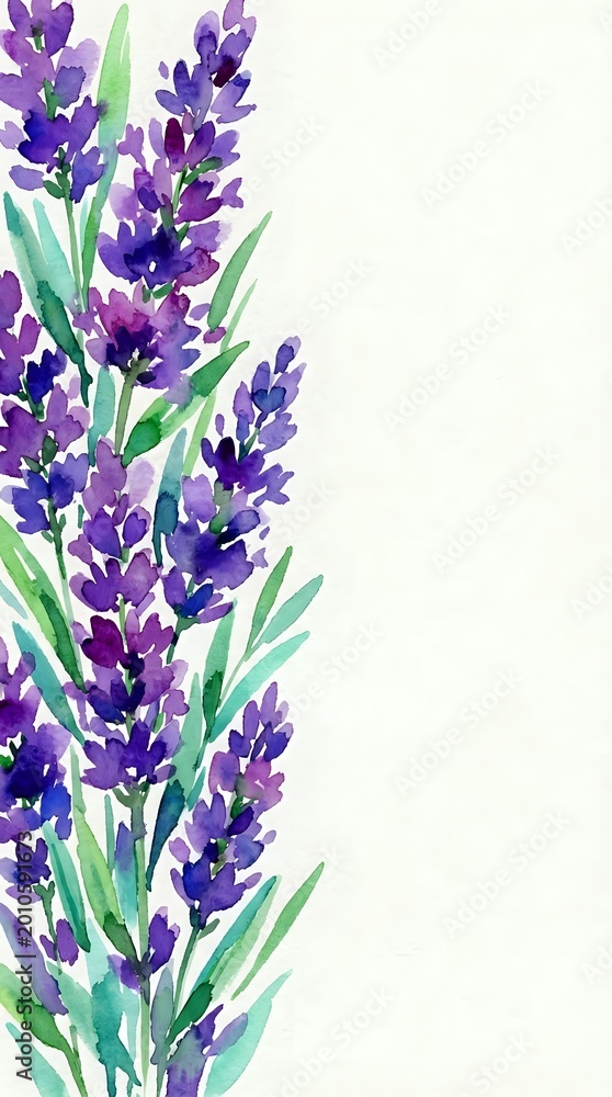 Obraz premium Watercolor lavender flowers border on white background, purple blooms with green stems, soft artistic style for cards, prints, and invitations.