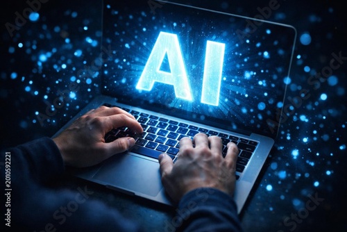 Overhead shot of hands on MacBook with glowing AI text projection, blue digital particles floating in air, dark background subtle blue ambient light, ultra realistic