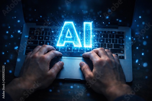 Overhead shot of hands on MacBook with glowing AI text projection, blue digital particles floating in air, dark background subtle blue ambient light, ultra realistic