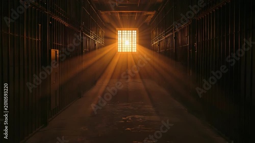 Dark prison corridor with barred window, golden sunlight beams, shadowy metal cells and dramatic detention facility atmosphere