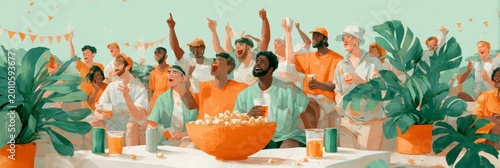 Vibrant summer outdoor watch party crowd cheering with snacks drinks and tropical plants for sports event banner and celebration background