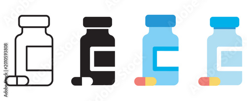 Medicine bottle icon set, medicine bottle and capsule icons for healthcare pharmacy and medical prescription concept, drug treatment and healthcare packaging vector illustration.