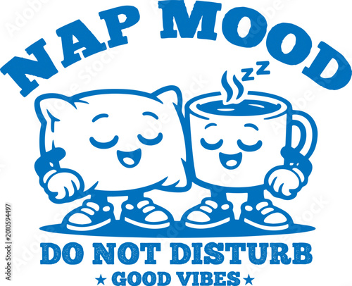 Nap Mood Do Not Disturb Retro Mascot Character with Pillow and Coffee