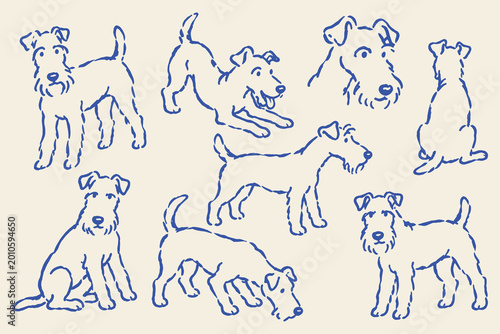 Bilde på lerret Terrier Dogs Poses Blue Ink Sketch Set Vector
