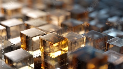 Abstract 3D render showcasing a precise grid of transparent and golden reflective cubes, featuring a shallow depth of field and a modern technological aesthetic.
