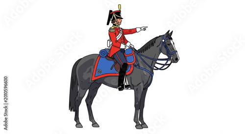 Canvastavla Illustration of a british cavalry officer in a red uniform riding a grey horse a