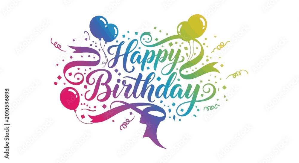 Fototapeta premium Happy birthday lettering with balloons and confetti silhouette high quality professional