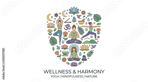 Photography Yoga and mindfulness shield emblem with wellness elements.