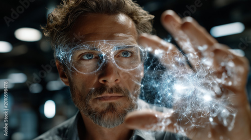 Visionary Innovation: An artistic portrayal of a person immersed in a cutting-edge technological innovation, showcasing a world of possibilities.