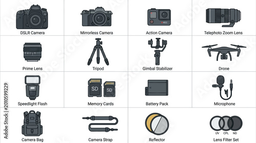 Bild auf Leinwand Set of professional photography equipment icons and camera gear accessories