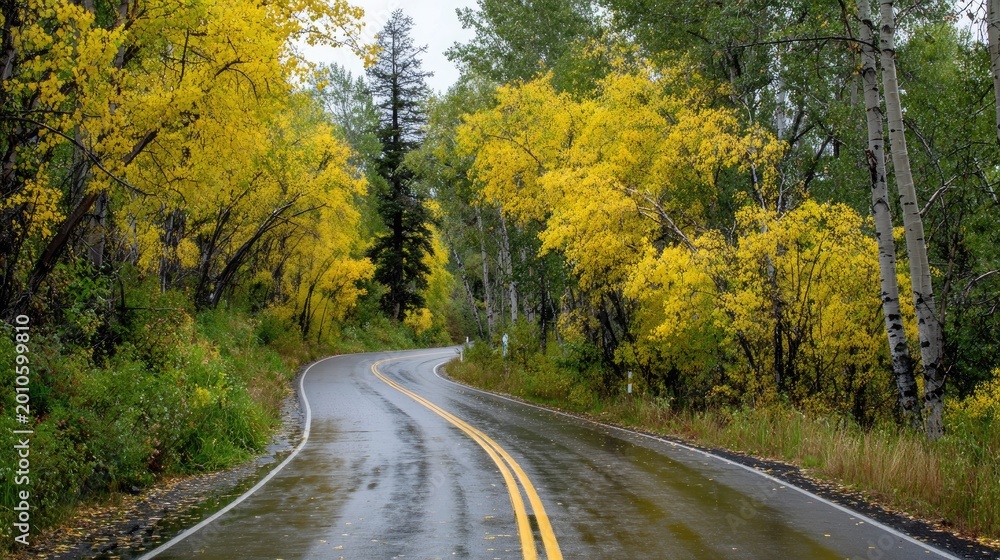 Fototapeta premium Winding paved roadway curves through a vibrant forest displaying peak autumn foliage colors