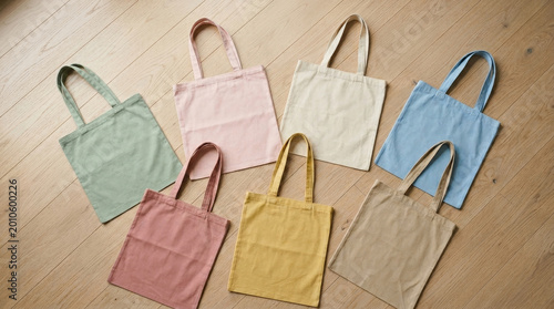 A collection of seven colorful tote bags arranged on a wooden floor, showcasing a variety of pastel shades for a chic and eco-friendly look.
