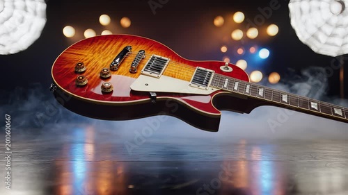 Electric Guitar Floating Stage Smoke Lights Music Performance.