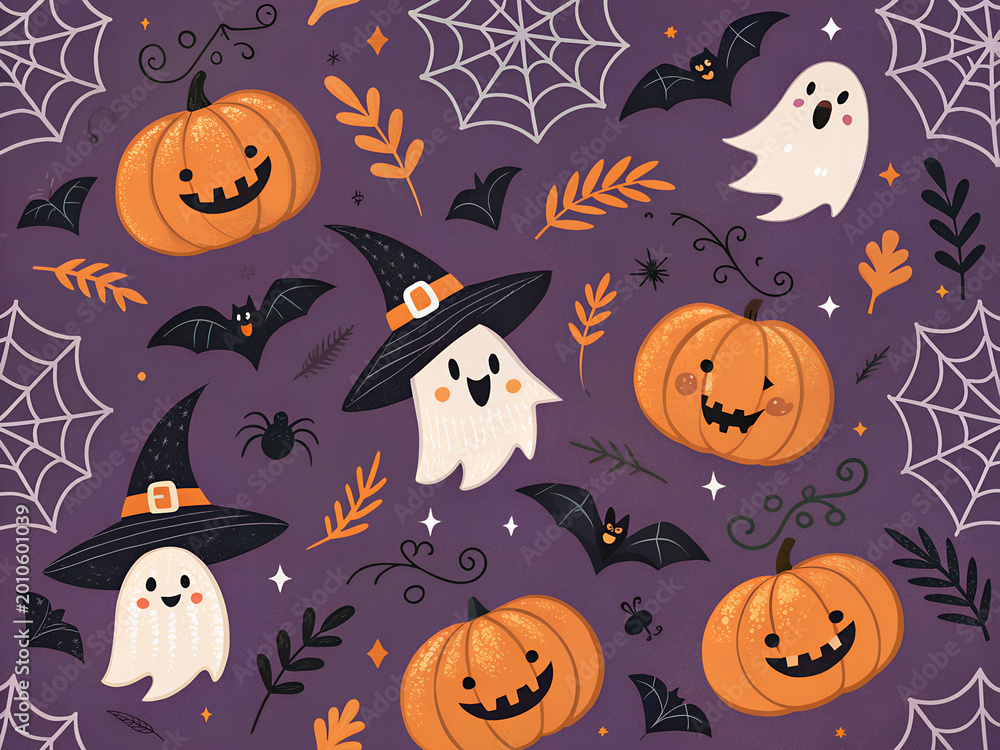 Fototapeta premium A dark yet playful repeating pattern with pumpkins, ghosts, bats, spider webs, and witch hats. Deep purple, black, and orange palette, glowing accents, cartoon style, whimsical spooky atmosphere.