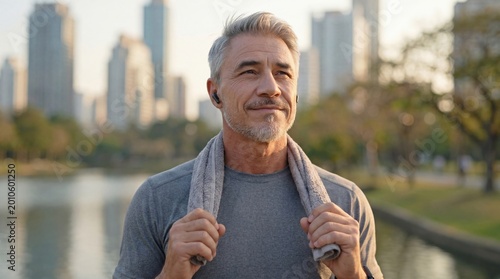 Senior man doing sport activity in city park. Sporty middle aged 50s male with gray hair having morning training routine. Outdoor workout for fitness and wellbeing. Healthy lifestyle in older age.  .
