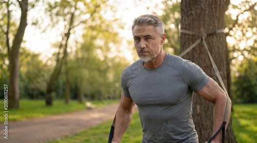 Foto Senior man building muscle with TRX exercise
