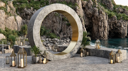 Stone circular archway with illuminated lanterns set against a rugged coastal backdrop creates a dramatic outdoor scene