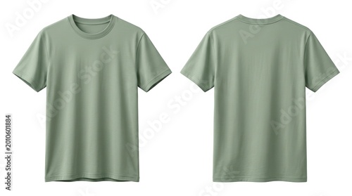 Sage green cotton t-shirt template showing front and back views, isolated on a pure white background for professional design