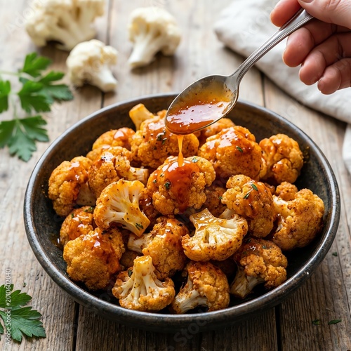Delicious baked buffalo cauliflower with spicy sauce and fresh herbs.