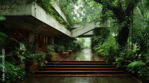 Modernist architecture integrates seamlessly with lush, tropical greenery during rainfall