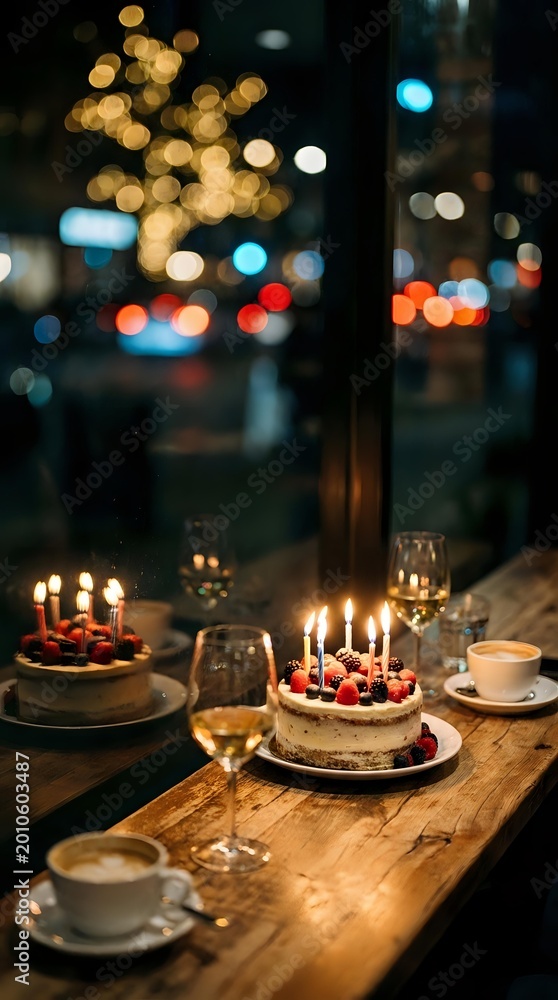Fototapeta premium Birthday cakes with lit candles and fresh berries on rustic wooden table in cozy cafe at night with bokeh city lights.