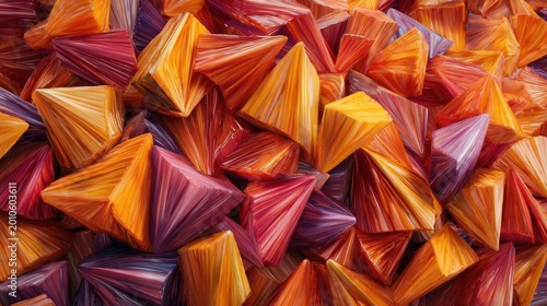 Pile of vividly colored, multifaceted geometric solids fills the frame.