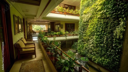 Interior space features a multi-level design incorporating abundant natural foliage and seating arrangements