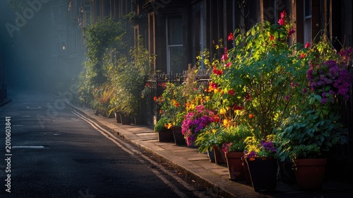 Morning sunlight illuminates colorful potted plants lining a residential street receding into mist