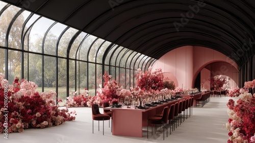 Elaborate interior space features extensive floral arrangements lining a long dining table setup