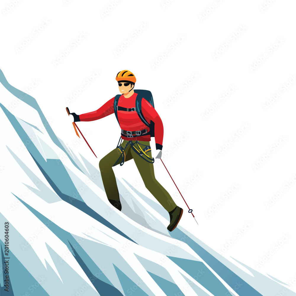 Obraz premium Adventurous climber ascending a snowy mountain slope with climbing gear