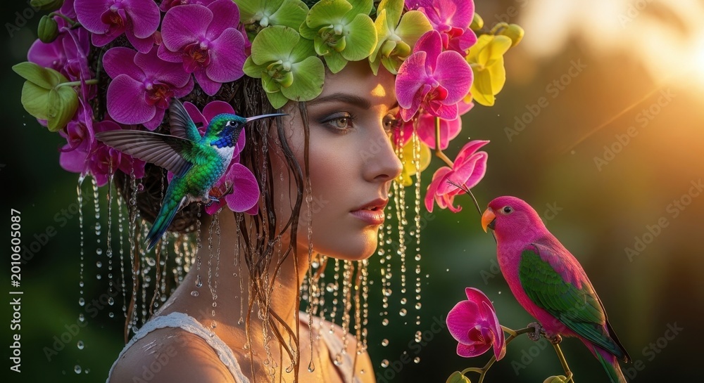 Fototapeta premium Floral Beauty and Serenity: An ethereal portrait of a person adorned with vibrant floral headpiece, intertwined with a hummingbird and a parrot, set against a backdrop of tranquil natural beauty.