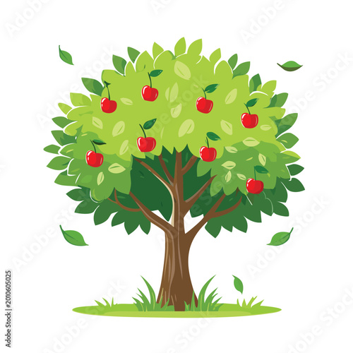 Cartoon cherry tree with green leaves and red fruit illustration isolated