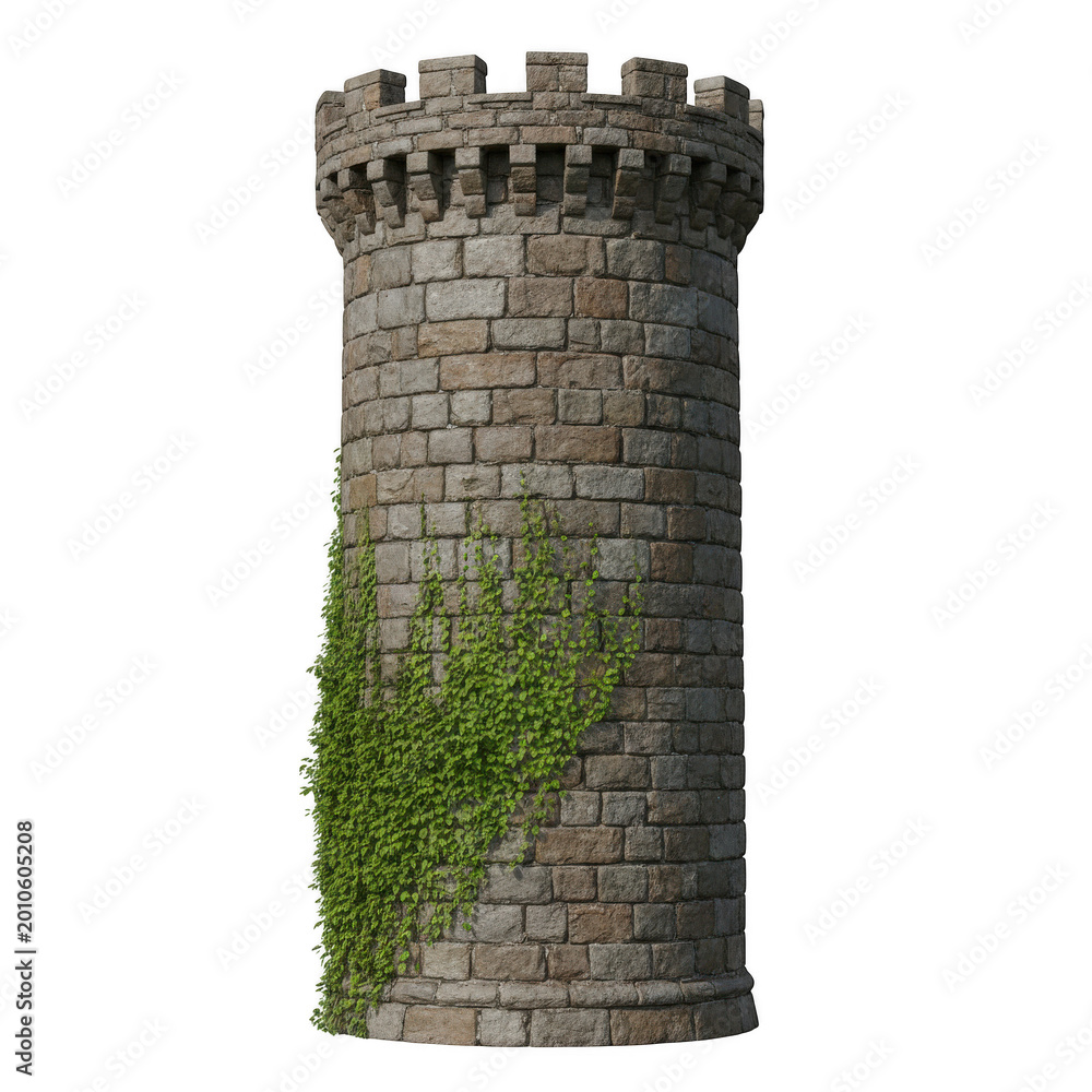 Fototapeta premium Medieval stone castle tower with climbing ivy isolated on a transparent background