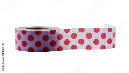 Roll of purple washi tape with red polka dots, isolated on transparent background
