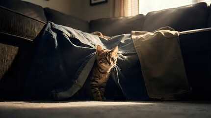 Tabby cat hiding under blanket fort on couch in warm sunlit living room. Cozy indoor pet relaxation and playful feline behavior at home.