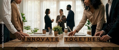 Diverse business team collaborating around a wooden table with letter blocks spelling Innovate Together, symbolizing teamwork and corporate innovation.