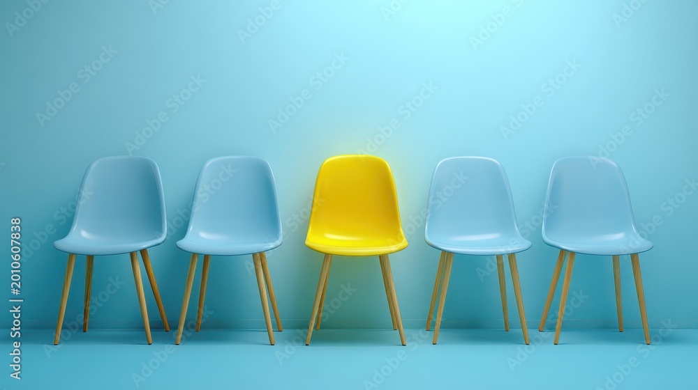 Obraz premium Row of four light blue chairs and one bright yellow chair standing against a solid pastel blue wall in a minimalist studio setting with soft lighting and clean composition