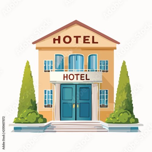 Cartoon hotel illustration with front entrance and decorative elements