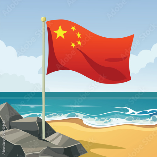 Chinese flag waving on beach with clear sky and ocean vector illustration