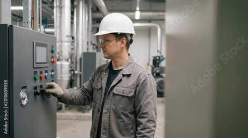 Shift supervisor operating factory control panel. Industrial worker starting machinery in a manufacturing plant. Copy space on the right