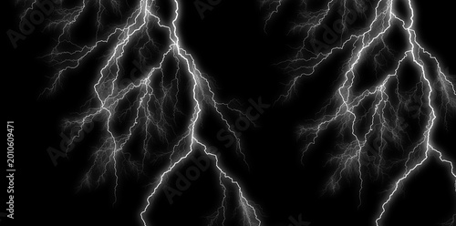 Fotografie Lightning bolts on black background, electric storm