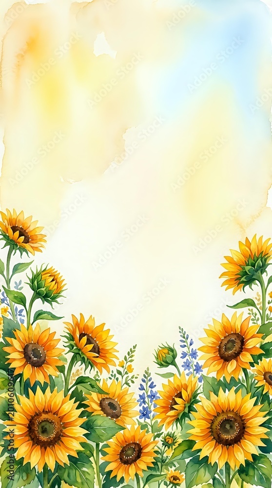 Obraz premium Watercolor sunflower border frame with yellow blooms and green leaves on soft textured background for greeting cards and invitations.