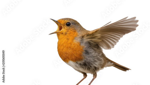 Foto Singing European Robin with Extended Wing and Open Beak