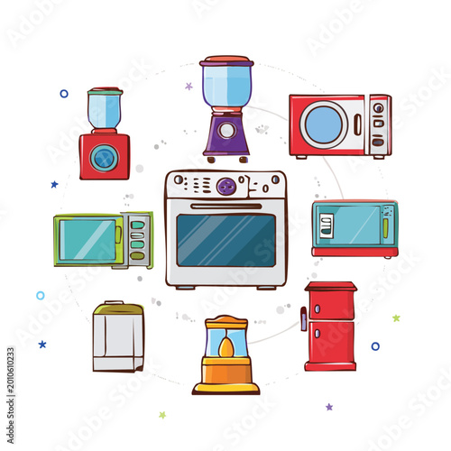 Colorful illustration of various kitchen appliances on white background